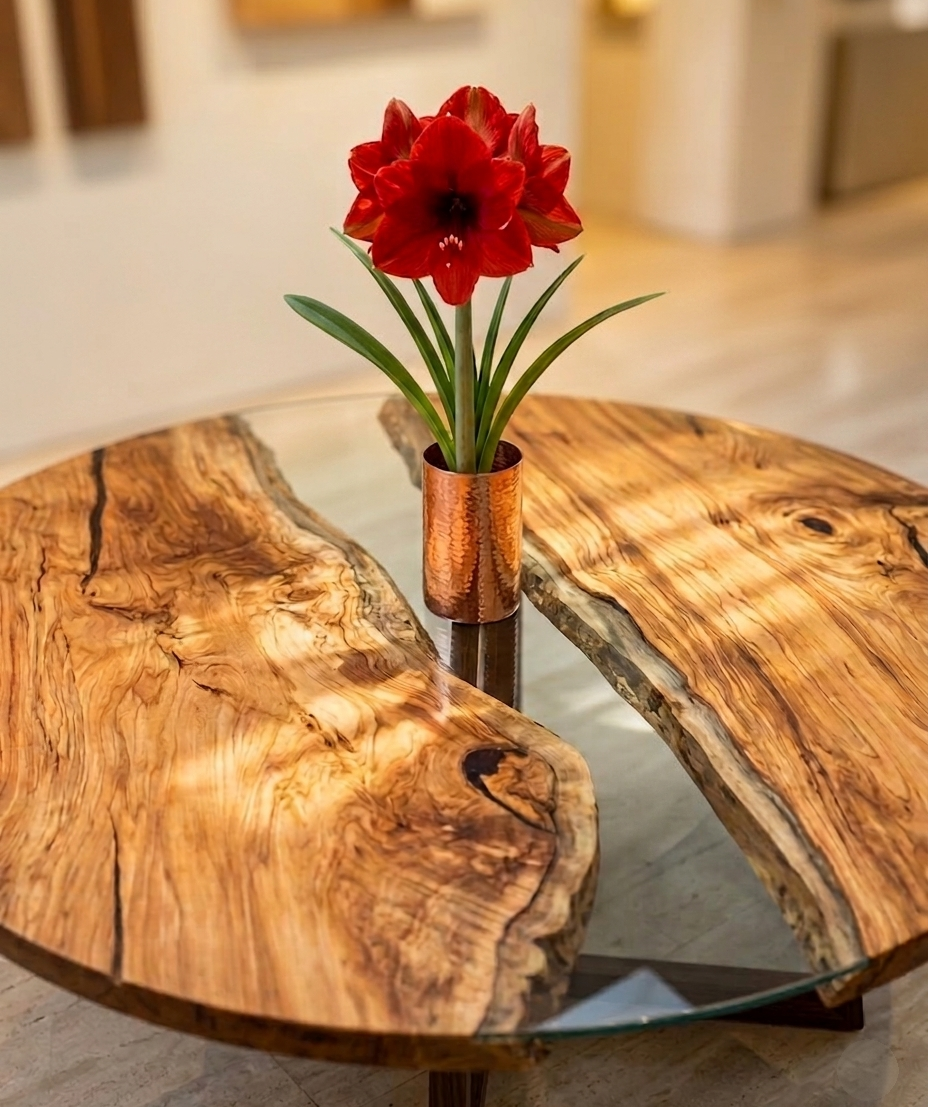 Detail shot of custom live-edge river table with glass inlay and copper flower vase